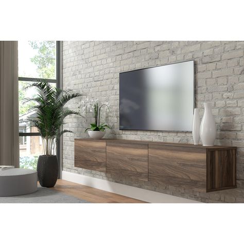 Media Console With Floating Shelves, Floating Cabinets Living Room, Floating Tv Stand Living Room, Wall Mounted Media Console, Floating Tv Unit, Wood Media Console, Floating Tv Stand, Floating Tv, Mammoth Lakes