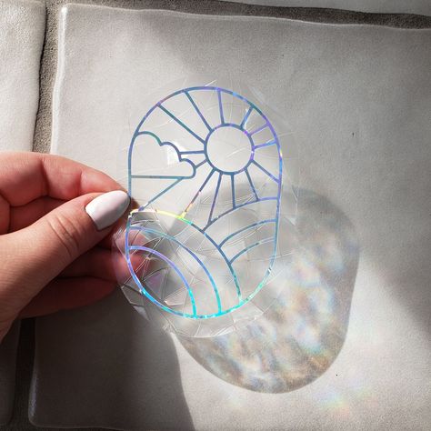 Cricut Suncatcher, Prism Window, Suncatcher Sticker, Rainbow Window, Vinyl Window Decals, Window Suncatchers, Suncatcher Window, Rainbow Prism, Sun And Clouds