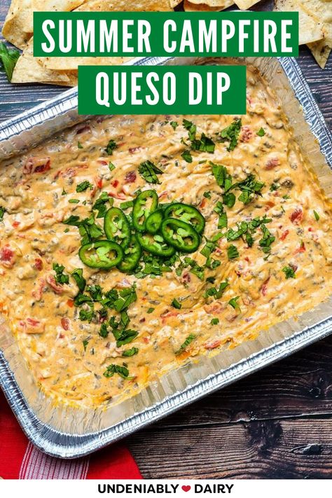 This summer, bring next-level dining to your campsite with this Grilled Campfire Queso Dip! This campfire queso recipe is for all the outdoorsy grillers and everyone lucky enough to hang with them. Campfire Queso Recipe, Dip For Camping, Campfire Food Ideas Outdoor Cooking, Camp Fire Queso, Campfire Recipes Foil, Camping Cheese Dip, Camping Party Appetizers, Campfire Cheese Dip, Camping Queso