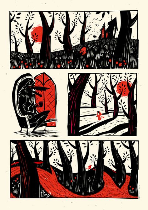 Rotkäppchen by Peter Donnelly, via Behance Red Riding Hood Art, 동화 삽화, American Illustration, 흑백 그림, Kunst Inspiration, Comic Illustration, Little Red Riding Hood, Childrens Illustrations, Children's Book Illustration