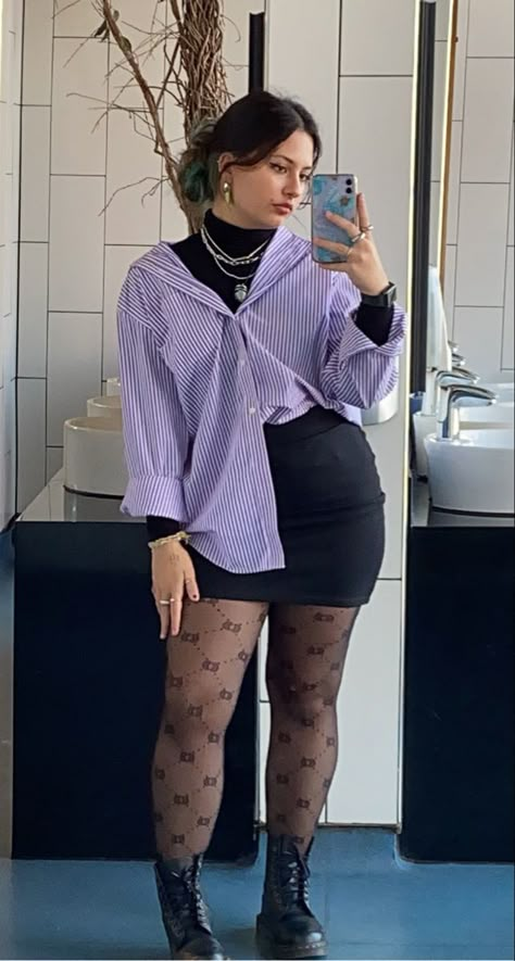 Oversized Purple Shirt Outfit, Oversized Button Up Shirt With Skirt, Button Down Shirt And Skirt Outfit, Mini Skirt With Oversized Shirt, Mesh Button Up Outfit, Mesh Shirt Outfit Long Sleeve, Oversized Shirt And Skirt Outfit, Longsleeves Outfit Aesthetic, Purple And Black Outfits