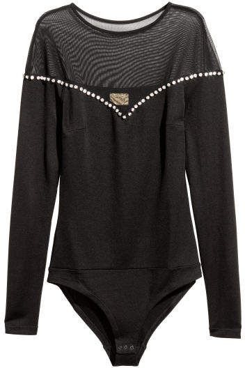 H&M Bodysuit with Rhinestones - Black #Bodysuit#Rhinestones#Black Rhinestone Embroidery, Pullover Shirt, Fashion Sketches, Long Sleeve Bodysuit, 90s Fashion, Leotards, Black Women, Kids Fashion, H&m