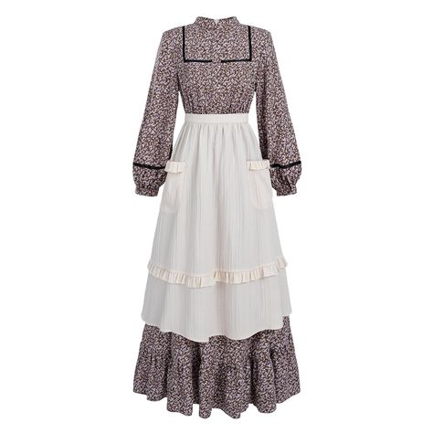 PRICES MAY VARY. Package Includes - Women colonial dress*1, apron*1. A full set of prairie dresses back you to 1800s. Fabric - The women pioneer dress is made of 70% polyester and 30% cotton floral fabric. Lightweight and comfortable to wear, not see-through. Hot iron lower than 110℃. Features - This women prairie dress is long, with a round neck design and a short stand collar. The waist is elastic, and it is comfortable to wear and not tight. The long-sleeved style is in a puff shape and desig American Pioneers Aesthetic Outfit, Pioneer Apron, Little House On The Prairie Dress, Colonial Dresses, Pioneer Dresses, Little Women Costumes, Pilgrim Dresses, Amish Dress, Colonial Costume