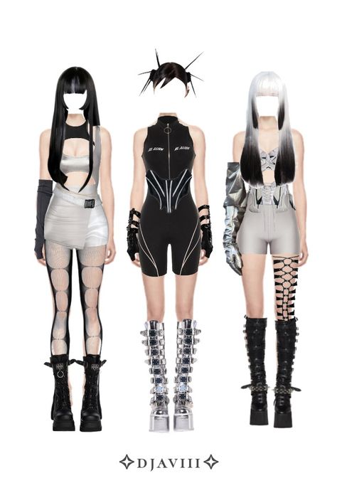 Aespa Futuristic Outfits, Cyberpunk Theme Outfit, Stage Outfits Futuristic, Futuristic Kpop Stage Outfits, Silver Futuristic Outfit, Futuristic Fashion Outfits, Futureristic Outfits, Kpop Fan Outfit Ideas, 3 Member Stage Outfits