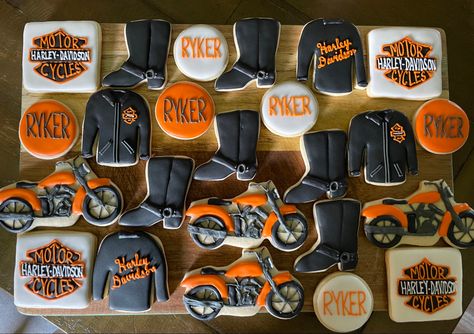 Harley Davidson Cookies, Harley Davidson Baby Shower Ideas, Harley Davidson Baby Shower, Baby Shower Motorcycle, Harley Baby, Biker Party, Motorcycle Birthday, Harley Davidson Baby, 50 Birthday