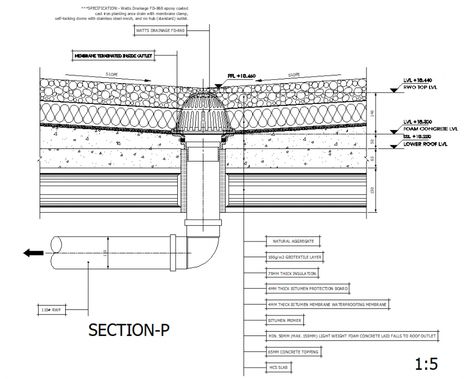 Roof level drain location section detail dwg file Flat Roof Drainage Detail, Flat Roof Detail Section, Concrete Roof Detail, Roof Drainage, Construction Details Architecture, Section Detail, Wall Section Detail, Roof Drain, Plumbing Layout