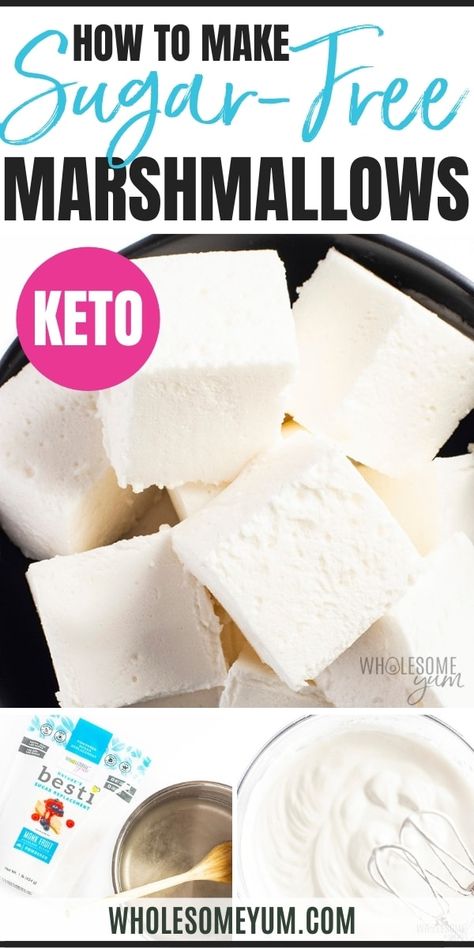 Sugar-Free Marshmallows Recipe (Keto Marshmallows) - A simple sugar-free marshmallows recipe with just 3 INGREDIENTS! These low carb keto marshmallows have the same flavor and texture you love, without sugar or corn syrup. #wholesomeyum Sugar Free Marshmallow Recipe, Keto Marshmallows, Sugar Free Marshmallows, Galletas Keto, Marshmallow Recipe, Gluten Free Marshmallows, Homemade Marshmallow, Keto Baking, Wholesome Yum