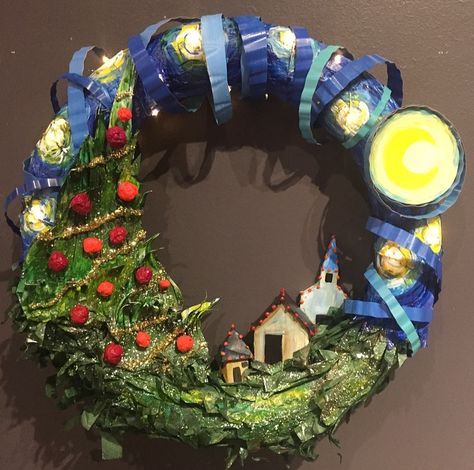 This wreath submission comes from artist Brittnee Catlin from our Pinot's Palette - Prairie Village studio and is titled Van Gogh's Christmas! Materials used: Wreath base - Cut up tissue paper. Starry Night sky - Painted tissue paper so it would lay flat and take on the colors wanted. Lights wrapped around wreath and glued. Starry spirals - solo cups painted and cut into swirls. Moon, trees, and houses - made from paper palettes. Ornaments - paper towel strips dipped into glue, rolled Van Gogh Christmas Tree, Starry Night Christmas Tree, Acorn Ideas, Starry Night Christmas, Artist Christmas, Christmas Flamingo, Pinots Palette, Night Christmas, Wreath Base