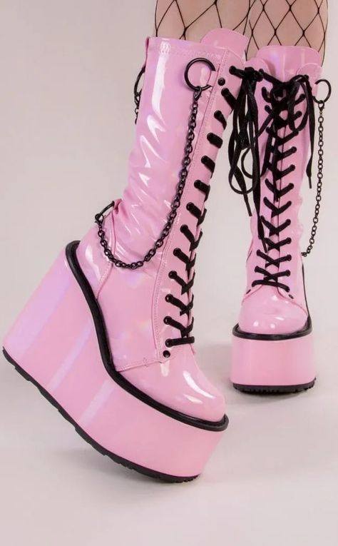 SWING-150 Pink Holographic Platform Knee High Boots (Au Stock) Monsterhigh Characters, Chrissy Chlapecka, Punk Chains, Character Accessories, Convention Outfits, Pastel Kidcore, Platform Knee High Boots, Organizator Grafic, Demonia Boots