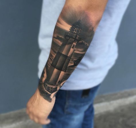 Black and grey lighthouse piece, with crashing waves and a cloudy sky. This piece is by Gabriel, a tattoo artist based in Miami, Florida. Grey Ink Tattoos, Outer Forearm Tattoo, Lighthouse Tattoo, Tattoo Inspiration Men, Forearm Tattoo Design, Cool Forearm Tattoos, Elbow Tattoos, Omerta Tattoo, Full Sleeve Tattoos