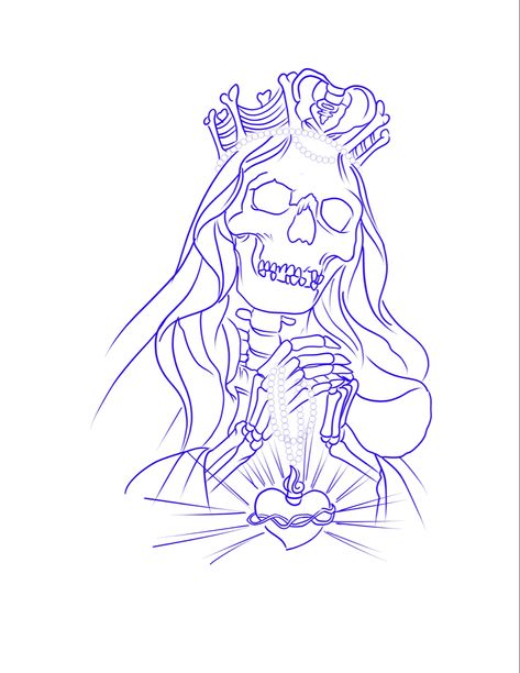 Santa Muerte Stencil, Santa Muerte Outline, Santa Muerte Tattoo For Women, Santa Muerte Drawing Tattoo, Santa Muerte Tattoo Stencil, Santa Muerte Drawing, Santa Muerte Tattoo, Half Sleeve Tattoos Drawings, Skull Sleeve Tattoos