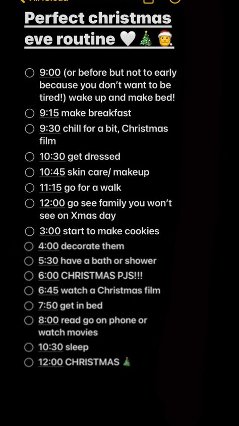 Couple Christmas Checklist, What To Do The Day Before Christmas, Perfect Christmas Day Routine, Xmas Eve Day Routine, Christmas Eve All Nighter, Winter Holiday Routine, Perfect Christmas Eve Routine, Christmas Morning Schedule, Christmas Eve Bucket List