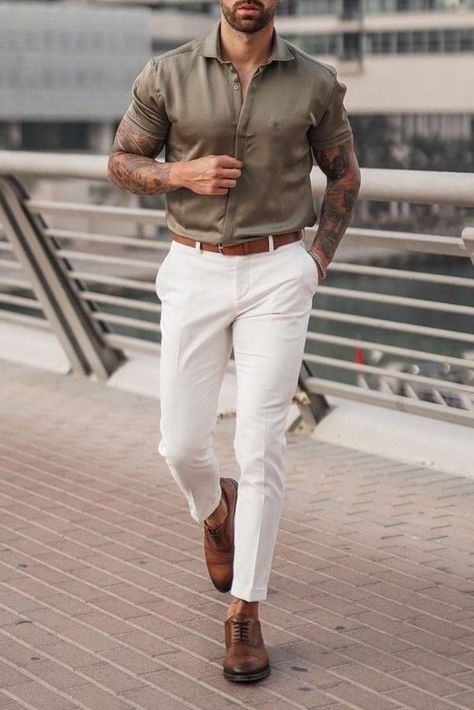 Mens Semi Casual Wedding Attire, Mens Semi Formal Wear Summer, Tan Dress Shirt Men Outfit, Dress Clothes For Men Wedding, Men Half Sleeve Shirt Style, Men Formal Outfit Ideas, Short Sleeve Mens Wedding Attire, Mens Semi Formal Outfit Wedding, Smart Casual Wear For Men