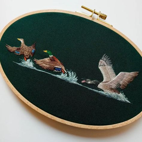 Mallard Duck Embroidery, Geese Embroidery, Salmon Embroidery, Embroidery Swan, Painted Embroidery, Duck Embroidery, Nautical Embroidery, Hand Embroidery Patterns Flowers, Hand Embroidery Projects