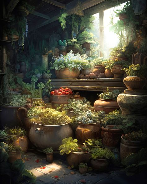 Fantasy Herbs Aesthetic, Fantasy Herbs Art, Fantasy Botanist, Druid Vibes, Druid Garden, Herbalist Shop, Sience Fiction, Interior Concept Art, Dnd Druid