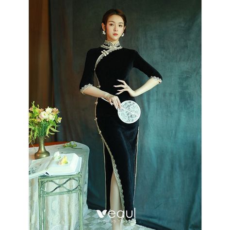 Vintage / Retro Chinese style Black Evening Party Cheongsam 2022 Trumpet / Mermaid High Neck 1/2 Sleeves Lace Flower Split Front Tea-length Cheongsam / Qipao Qipao Outfit, Elegant Formal Floor-length Cheongsam, Fitted Black Cheongsam For Evening, Black Fitted Formal Cheongsam, Luxury Long Sleeve Traditional Cheongsam, Qipao Wedding, Chinese Cheongsam Dress, Cheongsam Modern, Tea Ceremony Dress