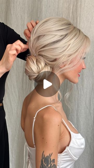 Hair Updo For Halter Dress, Top Knot Updo Wedding, One Shoulder Gown Hairstyle, Updos For A Wedding, Work Hair Dos, Updo Inspiration, Dry Texture Spray, Hairstyles For Gowns, Unique Wedding Hairstyles