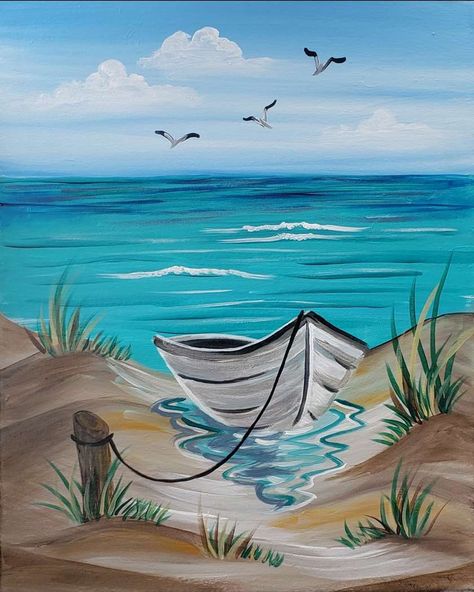 Beach Scene Painting, Beach Art Painting, Boat Painting, Landscape Art Painting, Ocean Painting, Rock Painting Art, Beach Painting, Diy Canvas Art Painting, Art Painting Acrylic