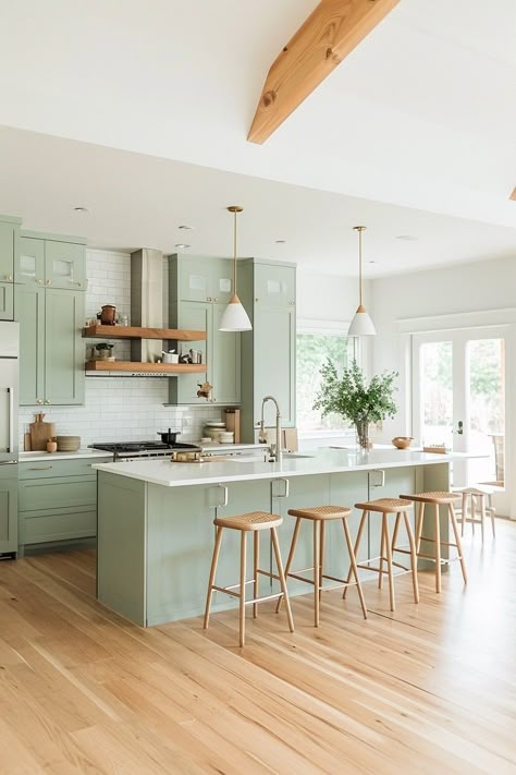 Green Kitchen Cabinet, Sage Kitchen, Kitchen Cabinet Inspiration, Cabinet Inspiration, Sage Green Kitchen, Minimalist Ideas, Green Kitchen Cabinets, Beach House Kitchens, House Design Kitchen