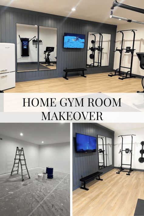 Home Gym Room Makeover - Gym Area In Basement, Basement Gym Setup, Basement Gym Makeover, Diy Small Home Gym, Home Gym Remodel, Small Gym Basement Ideas, Home Gym Renovation, Cool Home Gym Design, Finished Basement Home Gym