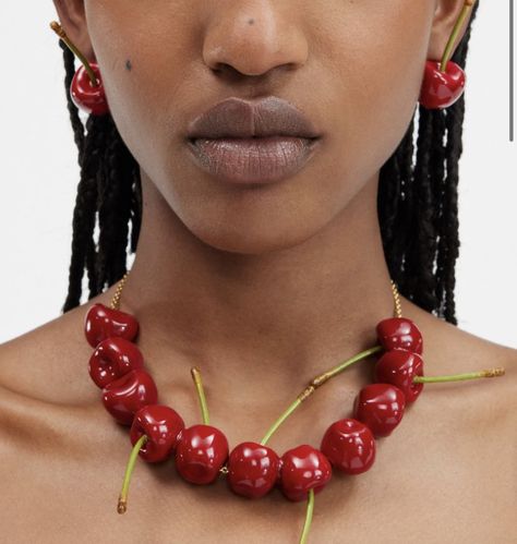 “The “Cherry Necklace” from the new Jacquemus collection” Jacquemus Cherry, Weird Necklace, Jacquemus Collection, Cherry Accessories, August Journal, Cherry Jewelry, Pinterest Jewelry, Cherry Necklace, Weird Jewelry