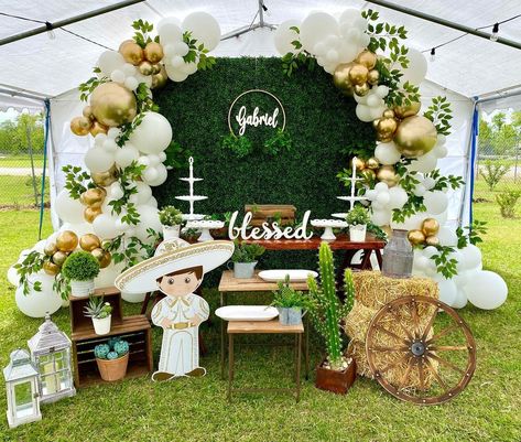 Mariachi Theme Party Decoration, Bautizo Ideas Decoracion Charro, Western Bautizo, Mexican Baptism Ideas Boy, Boy Bautizo Party Ideas, Green Bautizo, Backyard Baptism Party, Charro Theme Bautizo, Rustic Baptism Decor