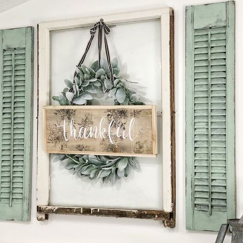 Pin by Pam Miller on Home decor | Shutter wall decor, Window frame decor, Shutter decor Shutters Repurposed Decor, Shutter Wall Decor, Shutter Decor, Fall Decor Wall, Diy Fall Decor, Wall Wreath, Youtube Live, Farmhouse Decor Living Room, Country Farmhouse Decor