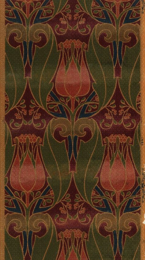 This Art Nouveau wallpaper features tulips and foliate scrolls. It was machine printed by Imperial Wallcoverings between 1900 and 1910. 000 Wallpaper, Papier Peint Art Nouveau, Nouveau Wallpaper, Art Nouveau Wallpaper, Motifs Art Nouveau, Design Art Nouveau, Leaf Vector, Deco Wallpaper, Art Nouveau Pattern