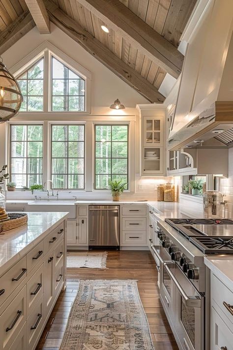 Modern Farmhouse Big Kitchen, Big Homey Kitchen, Dream Country Home Interior, Vaulted Ceiling Kitchen Windows, Barndominium Indoor Ideas, Kitchen Design With Vaulted Ceiling, New House Ideas Dream Homes, Kitchen With Large Window Over Sink, Alaska Home Decor