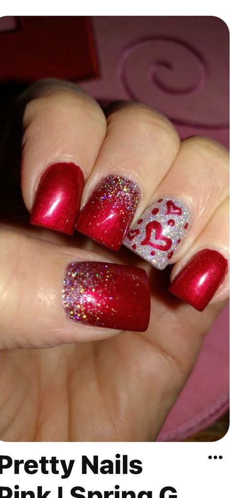 Red Glitter Valentine Nails, Valentines Nails Squoval, Valentine's Nail Art, Sparkly Valentines Nails, Valentines Day Nails Squoval, February Nail Colors Valentines Day, End Of February Nails, Nails February Valentines Day, Valentines Day Dip Nails