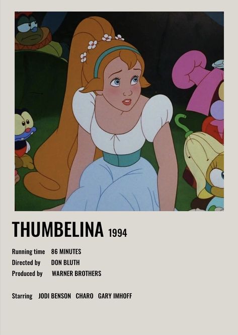 Animation Movies To Watch, Cartoons To Watch, Disney Old Movies, Disney Cartoon Movie Posters, Alternative Movie Posters Disney, Thumbelina Movie, Thumbelina Movie Poster, Cinderella Polaroid Poster, Thumbelina Poster