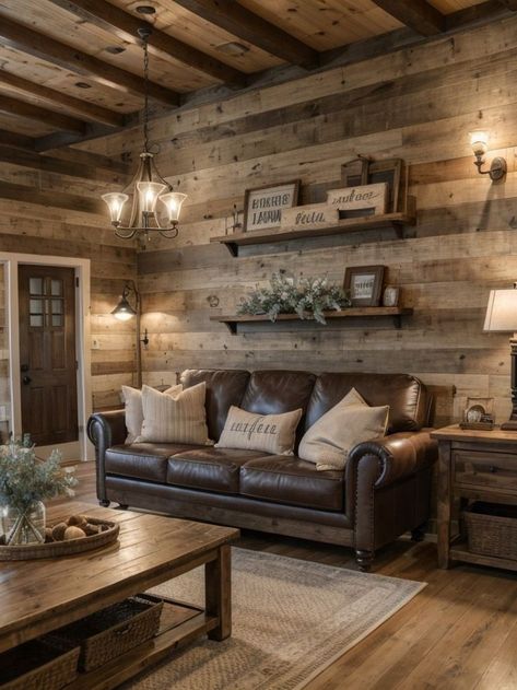 Wood Walls Living Room, Cabin Living Room, Shiplap Walls, Accent Walls In Living Room, Cabin Interiors, Cabin Living, Farmhouse Living Room, Coastal Retreat, Tiny House Cabin