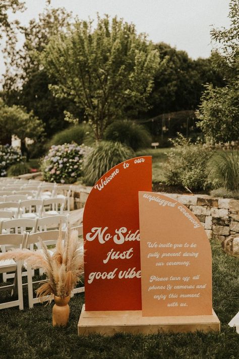 Luxury Boho Wedding, Ceremony Signage, Factory Wedding, Luxury Boho, Rusting Wedding, Retro Wedding Invitations, Wedding Entrance, Retro Wedding, Orange Wedding