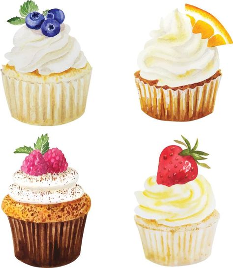 Watercolor illustration of sweet cupcakes with fruits Cupcakes Watercolor, Cupcakes Illustration, Cupcake Illustration, Cupcake Drawing, Sweet Cupcakes, Porcelain Painting, Watercolor Illustration, Drawing Reference, Vector Logo