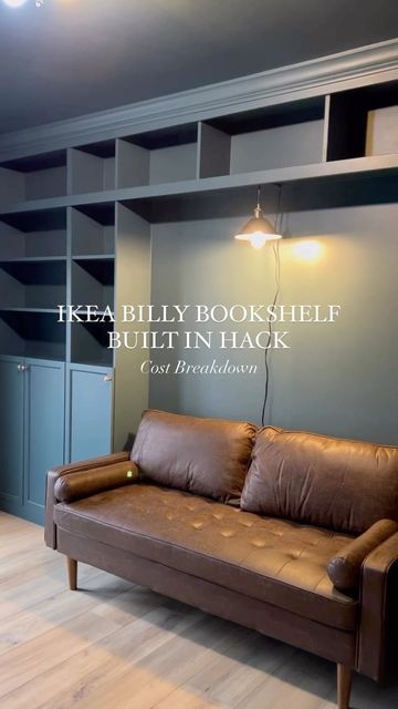 Charlotte & Oliver | Home DIY & Design on Instagram: "Cost breakdown of our IKEA Billy Bookcase hack!! (Keep in mind that prices can fluctuate so they might not be exactly what’s listed below, but this was the cost of everything when we were working on this project in December 2023!) We still need to finish painting a couple areas in this room, change the ceiling light fixture, thrift some more decorations, and update the desk side of the room! Stay tuned to see how this project turns out! 😍 Paint color: Yorktowne Green by @benjaminmoore #ikeahacks #ikeahack #billybookcase #builtinshelves #diyhomeprojects #diyhomeimprovement #diyhomedecorating #officedecoration" Billy Bookcase Built In Bedroom, Bookcase Around Couch, Billy Bookcase And Desk Hack, Bookcase Around Sofa, Billy Bookcase Hack Desk, Diy Spare Room Ideas, Bookshelf Couch, Billy Bookcase With Desk, Billy Bookcase Desk