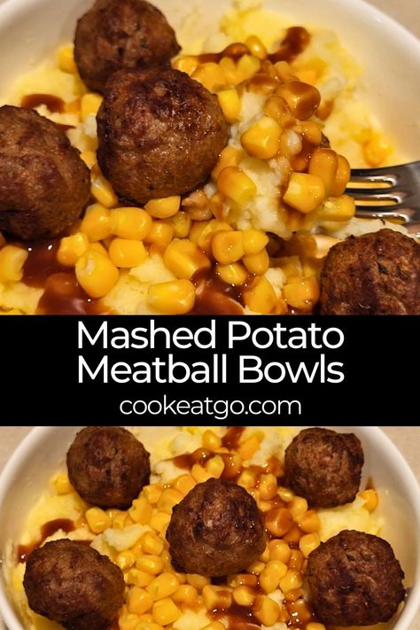 Looking for an easy dinner?? The ultimate comfort food of Meatball Potato Bowls – a quick and easy weeknight dinner that's bursting with flavor! Juicy meatballs nestled on a bed of creamy mashed potatoes, topped with savory gravy and your favorite veggies. It's a deliciously satisfying meal that will have your family asking for seconds. Perfect for busy nights when you crave homemade goodness without the fuss. Pin to your easy dinner recipe Pinterest board for later. Meatball And Mashed Potatoes, Meatball Potato, Meatball Bowl, Meatball Bowls, Potato Bowls, Juicy Meatballs, Potato Bowl, Hotdish Recipes, Bowl Meals