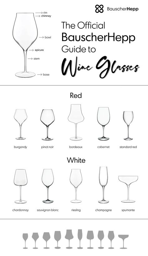 BauscherHepp's Guide to Wine Glasses Wine Glass Guide, Type Of Wine Glasses, Different Types Of Wine Glasses, Wine Glass Types, Wine Glasses For Different Wines, Types Of Wine Glasses Shape, Wine Glasses Types, Types Of Cocktail Glasses, Best Wine Glasses