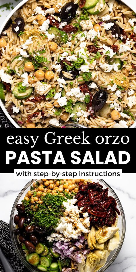 This 20 Minute Greek Orzo Salad is quick, easy, and absolutely bursting with Mediterranean-inspired flavors! Al dente orzo pasta, crispy cucumbers, tender artichoke hearts, hearty chickpeas, sun-dried tomatoes, and Kalamata olives are tossed in a homemade balsamic vinaigrette and topped with crumbled feta cheese. Feta And Artichoke Pasta Salad, Orzo Recipes Cold, Kale And Orzo Salad, Orzo Chickpea Salad, Orzo Greek Salad, Healthy Orzo Salad, Orzo Feta Salad, Orzo Salad Dressing, Orzo Salad Recipes Cold