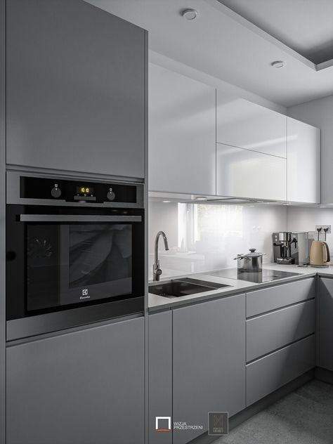 White Glossy Kitchen, Grey Kitchen Furniture, Grey Kitchen Inspiration, Grey Kitchen Interior, Modern Kitchen Apartment, Glossy Kitchen, White Kitchen Inspiration, Modern Grey Kitchen, Minimal Kitchen Design