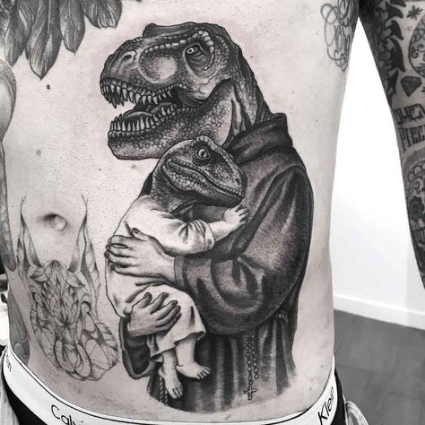 dinosaurs tattoo religious theme Alchemy Tattoo, Dinosaur Tattoo, Snoopy Tattoo, Dinosaur Tattoos, Tattoo Now, Tattoo For Son, Mommy And Son, Side Tattoos, Badass Tattoos