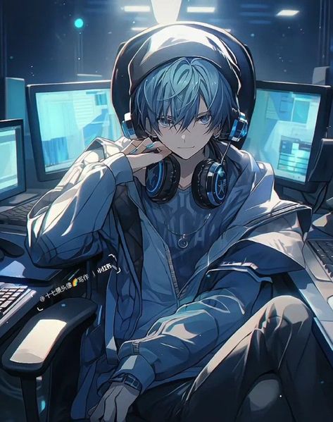 Anime Boy With Headphones, Anime Collage, Blue Hair Anime Boy, Gamers Anime, Gato Anime, Anime Toon, Dark Anime Guys, Blue Anime, Minimalist Tattoos