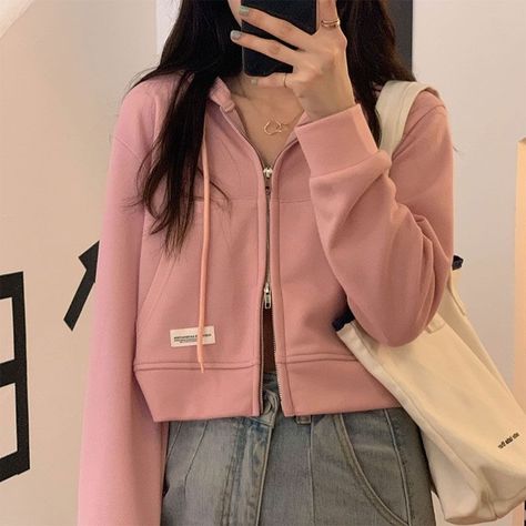 Plain Coats, Winter Fashion Jackets, Korean Shorts, Harajuku Women, Cropped Long Sleeve Top, Rose Bonbon, Y2k Clothes, Hoodie Material, Solid Clothes