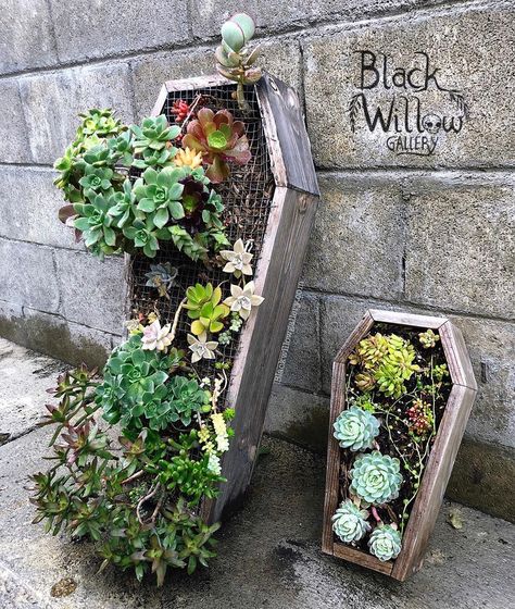 Black Widow Gallery coffin planters Gothic Patio Decor, Goth Patio Ideas, Spooky Garden Ideas, Gothic Garden Decor, Goth Garden Decor, Goth Patio, Goth Garden Aesthetic, Goth Backyard, Goth Garden Ideas