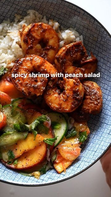 Lindsay Ostrom on Instagram: "Spicy shrimp with peach salad! LOVING this summer combo - the smokiness, the heat from the cayenne, and the limey honey juiciness of the peach salad that I still can’t stop making. AND THE MINT! Why is mint so underrated. One of the best herbs out there!

For full written recipe, google “pinch of yum spicy shrimp with peach salad” ❤️

#easyrecipes #dinnerideas #shrimp #protein" Shrimp Protein, Lindsay Ostrom, Pinch Of Yum, Peach Salad, Spicy Shrimp, Cayenne, The Heat, This Summer, Easy Meals