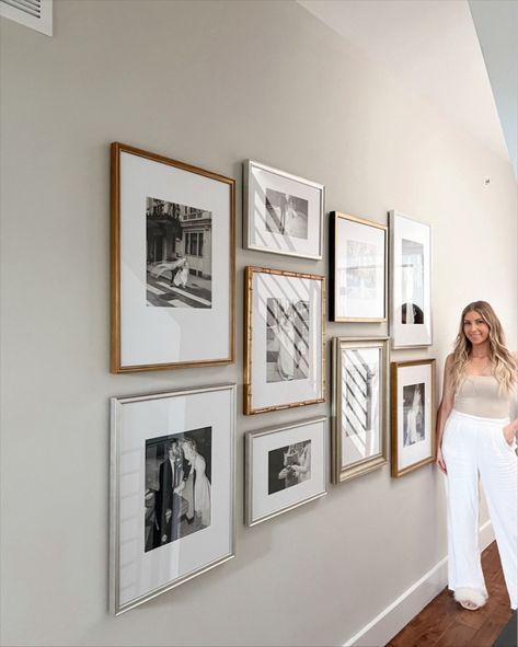 Three Frame Gallery Wall, Gallery Wall Assorted Frames, Behind Couch Gallery Wall Ideas, Simple Gallery Wall Hallway, Celebrity Gallery Wall, Wall Of Wedding Photos, Hallway Gallery Wall Layout, Living Room Wedding Photos, Gallery Wall With Mixed Frames