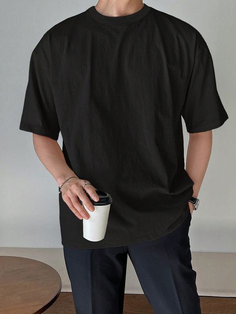 Men Cotton Solid Drop Shoulder Tee Black Casual  Short Sleeve Fabric Plain  Slight Stretch  Men Clothing, size features are:Bust: ,Length: ,Sleeve Length: Grey Tee Outfit, Fashion Outfits Men, Clothing Board, Shirt Outfit Men, Dope Outfits For Guys, Drop Shoulder Tee, Plain Tees, Grey Tee, Mens Style