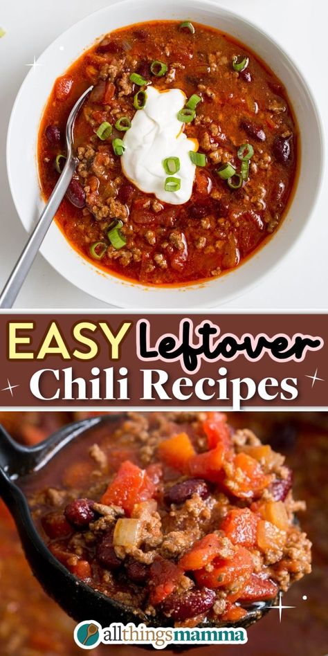 10 Easy Leftover Chili Recipes social collage graphic Chili Leftovers, Leftover Chili Recipes, National Chili Day, Leftover Chili, Leftovers Soup, Chili Soup, Supper Recipes, Main Course Recipes, Left Over