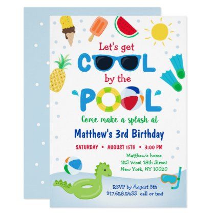 Boys Pool Party Let's Get Cool Birthday Invitation - summer gifts season diy template ideas Summer Birthday Invitations, Pool Party Themes, Splash Party, Pool Party Birthday Invitations, Pool Party Decorations, Pool Birthday, Ice Cream Birthday Party, 2nd Birthday Invitations, Summer Pool Party