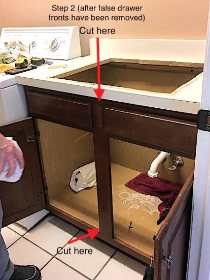 We converted an old sink cabinet base into a functional laundry basket holder and work area in our small laundry room. New wood shelves were added to provide extra pantry storage. When we moved into our new house four years ago I was excited to have a walk in laundry room. No more bi-folding doors. Yay! But I quickly realized this laundry room's design was just as flawed as my previous one. It was an awkward layout, the shelf and cabinet were hung too high, and there was no place… Laundry Basket Cabinet Diy, Under Counter Laundry Baskets, Walk In Laundry Room, Replacing Cabinet Doors, Laundry Basket Dresser, Laundry Basket Holder, Wet Bar Sink, Bathroom Laundry Baskets, Replacing Cabinets