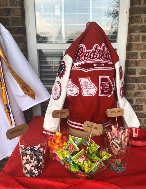 How To Display Letterman Jacket At Party, Letterman Jacket Display Grad Parties, Letterman Jacket Ideas, Lettermans Jacket, Jacket Ideas, Letterman Jackets, Candy Favors, Letterman Jacket, Graduation Party Decor